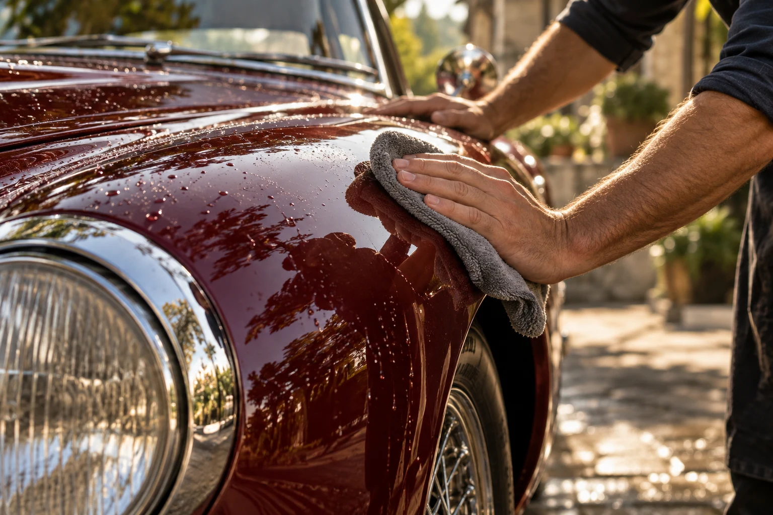 Illustrative concept image of a burgundy car being polished